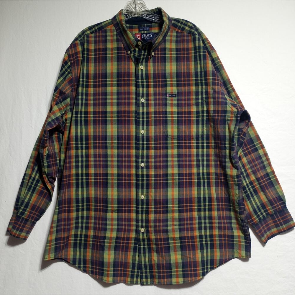 Chaps Men's Blue And Orange Plaid Long Sleeve Button Down Shirt Size XL
